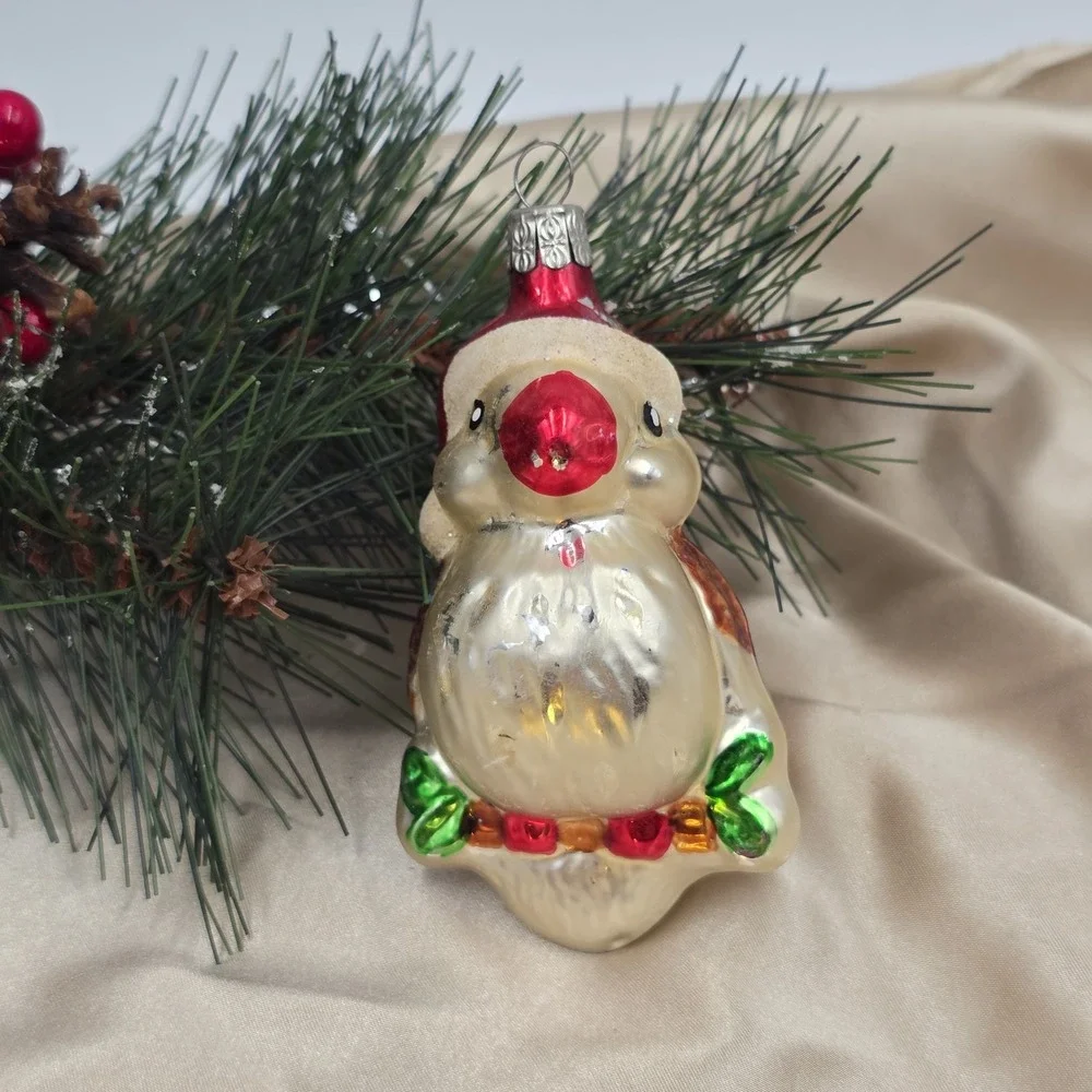 VTG‎ Czech Glass Parrot Bird Christmas Ornament Red Santa Hat Poland Style